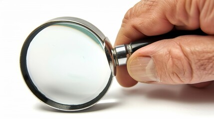 Macro close up of a human hand holding a magnifying glass, isolated on a white background