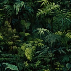 Fototapeta na wymiar Dense tropical jungle foliage, seamless tile background