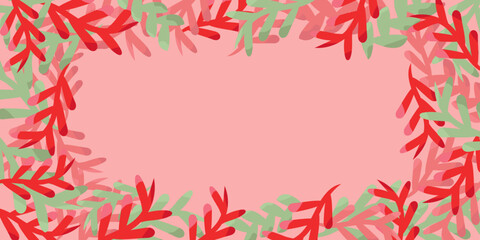Fototapeta na wymiar Abstract colorful hand-drawn design frame with doodles branches, leaves on pink background. Bright red, pink and green vector illustration for cards, business, banners, textile, wallpaper