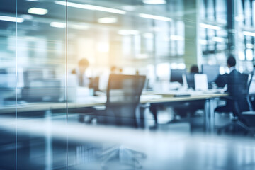 out of focus shot of Beautiful blurred background of a light modern office interior with panoramic windows and beautiful lighting