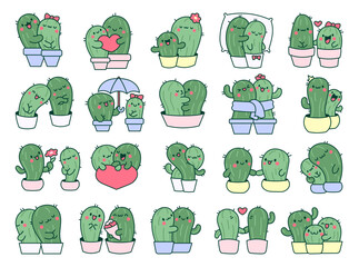 Kawaii cactus hug. Cute cartoon cacti couple in love. Funny plant characters in pots. Hand drawn style. Vector drawing. Collection of design elements. © palau83
