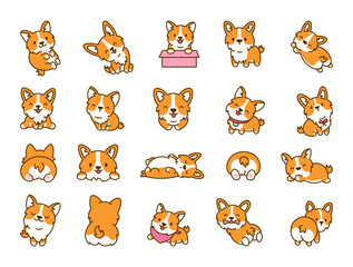 Cute kawaii corgi dog. Funny puppy cartoon animal characters. Hand drawn style. Vector drawing. Collection of design elements.