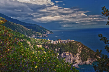 Cinque Terre Mediterranean Sea views along town hiking trail Italian Riviera coastline. Liguria, Italy, Europe. 2023 Summer. 