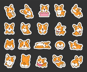 Cute kawaii corgi dog. Sticker Bookmark. Funny puppy cartoon animal characters. Hand drawn style. Vector drawing. Collection of design elements.