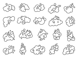 Foam made of soap or clouds. Coloring Page. Bubbles of different shapes. Hand drawn style. Vector drawing. Collection of design elements.