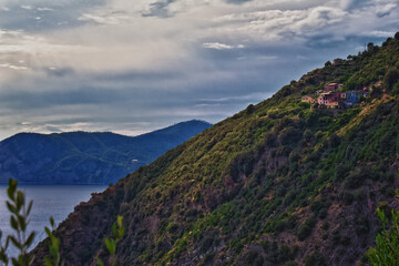 Cinque Terre Mediterranean Sea views along town hiking trail Italian Riviera coastline. Liguria, Italy, Europe. 2023 Summer. 