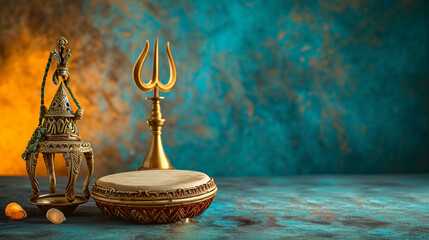 Shivaratri background with Shivas trident and Pellet Drum Damroo musical instrument. AI Generative - obrazy, fototapety, plakaty