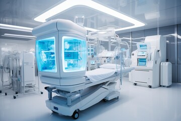 Fototapeta na wymiar Modern Surgical Equipment and Medical Devices in High-Tech Operating Room with Bright Background