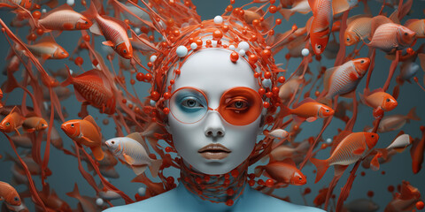 surrealism  woman droid with white and orange colors hals sunglasses and golden fishes arround