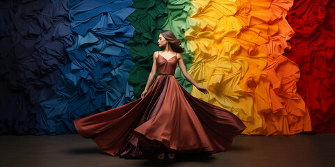 Choose your color by color analyze portrait of a young beautiful woman in pretty dress with colorful fabric background