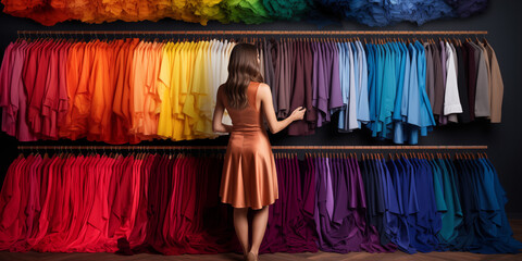 Choose your color by color analyze vack photo of a young beautiful woman in pretty dress with colorful clothes background