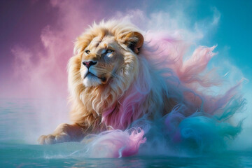 A Lion surrounded by colorful smoke, AI generative
