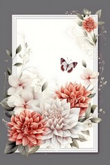 on subtle background, a blank frame with botanical garden wedding design, romantic detailed, dahlia, beautiful, realistic, small butterfly, Glaze, 3-Dimensional, 4K, Infused, LED, Supplementary-Colos