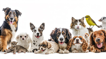 Group of pets leaning together on a empty web banner to place text. AI Generative