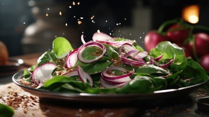 Delicate slivers of red onion bring a subtle tanginess to the spinach salad, balancing out the earthy flavors with a hint of mild sharpness.