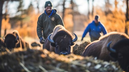 The ranch hands work tirelessly to tend to the sprawling buffalo ranch, ensuring that these magnificent creatures are wellfed and cared for in their natural habitat.
