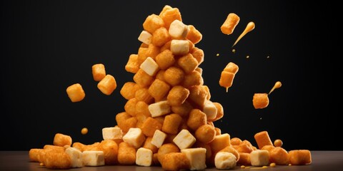 A visually striking image showcasing a playful arrangement of cheese puffs arranged in a fun, towering structure, ready to be devoured by hungry snack enthusiasts. - obrazy, fototapety, plakaty
