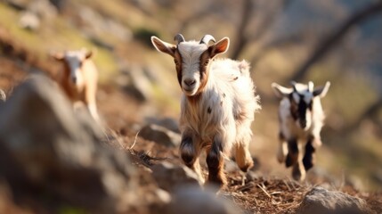 Naklejka premium The rocky hillside comes alive with the energetic movements of a group of goats, their nimble hooves expertly navigating the uneven surface as they explore their surroundings.