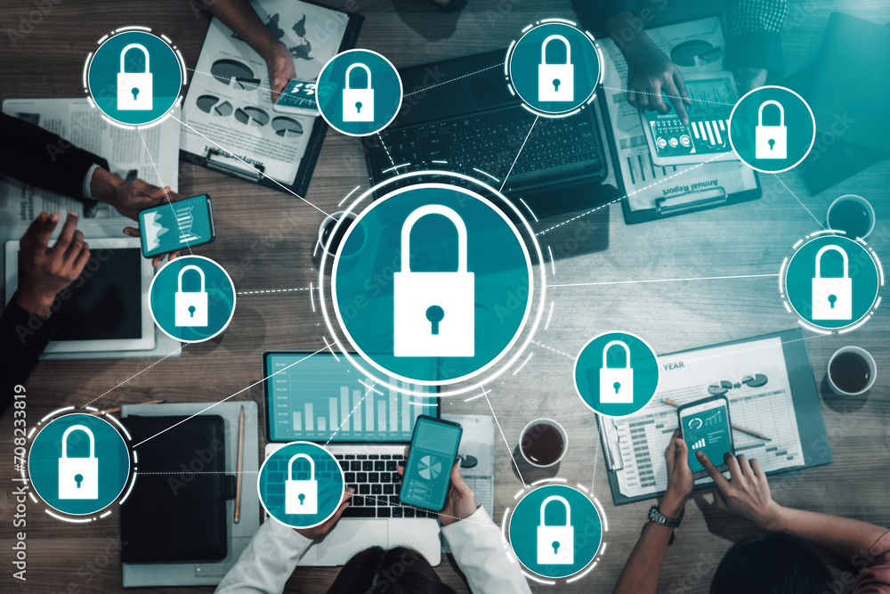 Poster cyber security and digital data protection concept. icon interface showing secure firewall technolog