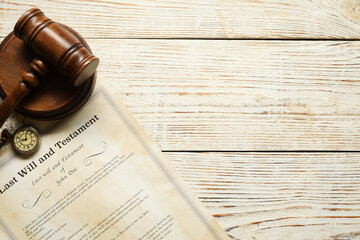 Last Will and Testament, pocket watch and gavel on white wooden table, flat lay. Space for text