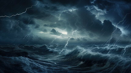 Dark stormy ocean and lightning strikes during rainfall. Moonlight glowing through turbulent clouds. Dramatic murky sea with high waves. Nature background.