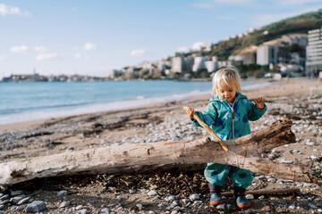 Little girl runs a stick along a snag lying on the seashore