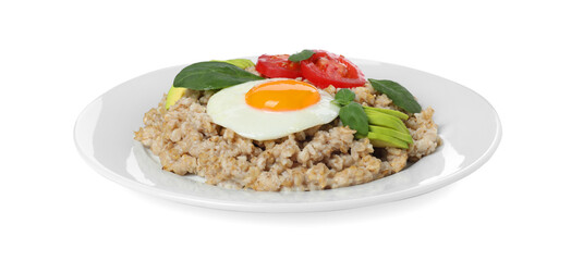 Delicious boiled oatmeal with fried egg, tomato, avocado and basil isolated on white