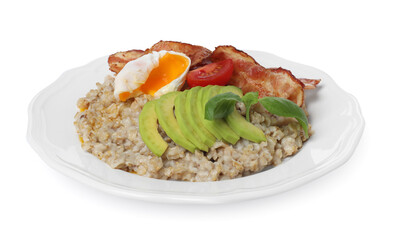Delicious boiled oatmeal with egg, bacon, tomato and avocado isolated on white