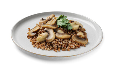 Tasty buckwheat with fresh parsley and mushrooms isolated on white