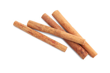 Aromatic cinnamon sticks isolated on white, top view