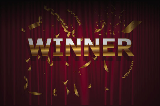 Winner retro signboard and golden foil confetti against a red curtain background