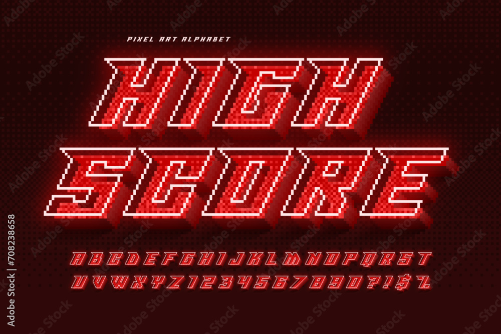Poster 111111dynamic pixel neon alphabet design, stylized like in 8-bit games. high contrast and sharp