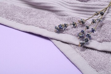 Terry towel and lavender flowers on violet background, closeup. Space for text