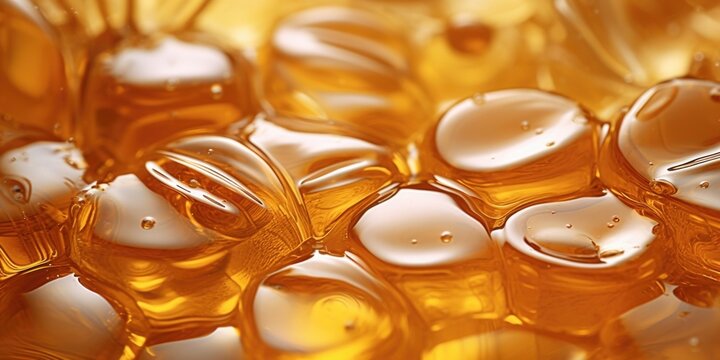 A macro shot revealing the glistening droplets of wildflower honey, a rich blend of nectar from various blossoms, bringing a diverse and complex flavor profile.