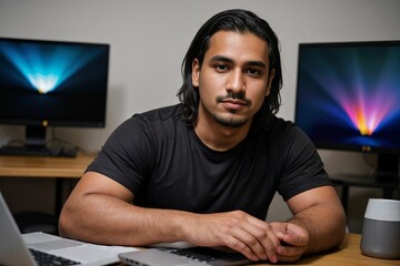 a nerdy programmer at an office with a lot of computers working on web development