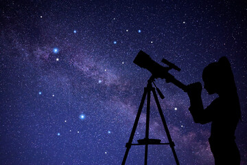 Astronomy. Silhouette of little girl with telescope at starry night outdoors. Space for text