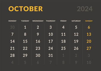 Monthly page Calendar Planner Templates of October 2024. Vector layout of simple calendar with week start Monday for print. Page for size A4 or 21x29.7 cm in dark color