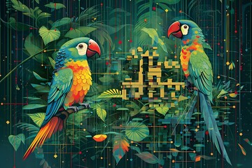 an intricate and detailed geometric quantum algorithmic design of parrots and other tropical animals in a lush jungle with light rain and waterfalls by Salvador Dali using algorithmic geometry and dy