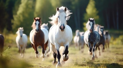 Majestic creatures running wild and free, their hooves thundering against the open skies above the serene horse farm.