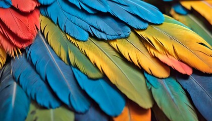 close up background texture of blue colorful macaw parrot bird feathers in beautiful patterns for design of interior and exterior job