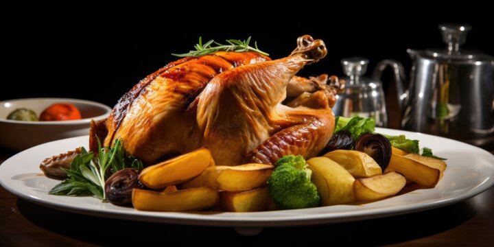 The roast chicken boasts a splendid presentation, with its succulent delicately balanced with a crips and crackling skin, making it a feast for both the eyes and the palate.