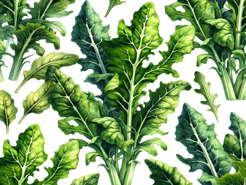 watercolor botanical illustration of Wild Rocket Lettuce (Arugula), designed in a seamless pattern style.