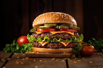 delicious double patty hamburger on a dark wood background