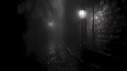 Fotobehang Smal steegje A lone streetlamp in a misty alley