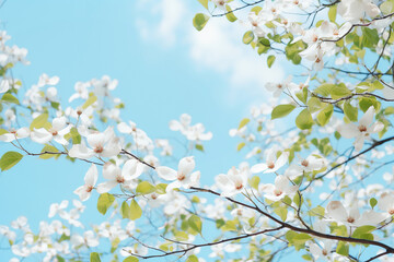 Fototapeta premium Dogwood tree branches blooming, closeup. Spring season