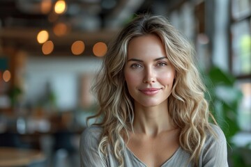 Obraz premium Close-up portrait of a beautiful young blonde woman smiling and looking at the camera 