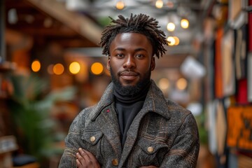 Obraz premium Close-up corporate portrait of a young black man looking at the camera 