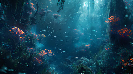 Fototapeta na wymiar A mystical forest submerged underwater