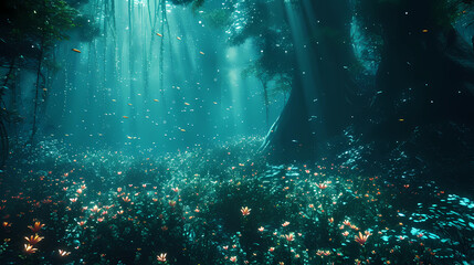 A mystical forest submerged underwater
