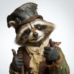 Raccoon wearing clothes Renaissance style giving thumbs up vote